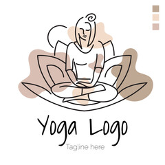 Yoga logo line art abstract design vector illustration with dummy text. Health and spa service icon or logo.
