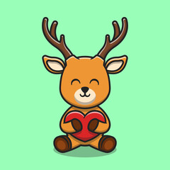 Cute deer hugging love heart cartoon icon illustration