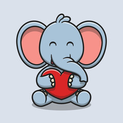 Cute elephant hugging love heart cartoon icon illustration