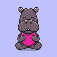 Cute hippopotamus hugging love heart cartoon icon illustration