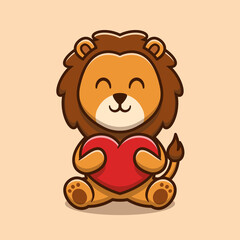 Cute lion hugging love heart cartoon icon illustration
