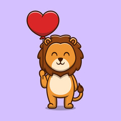 Fototapeta premium Cute lion holding love balloon cartoon icon illustration