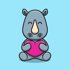 Cute rhino hugging love heart cartoon icon illustration