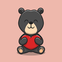 Cute sun bear hugging love heart cartoon icon illustration