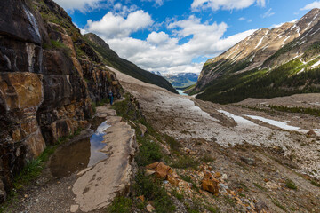 Hiking above the tree line to the Plain of Six Glaciers at Lake Louise in the Canadian Rocky Mountains