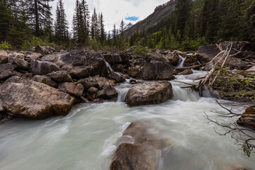 Hiking above the tree line to the Plain of Six Glaciers at Lake Louise in the Canadian Rocky Mountains