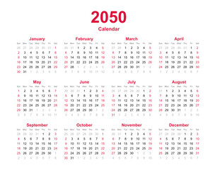 Calendar 2050 - 12 months yearly calendar - calendar planner template