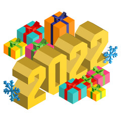 Obraz premium Isometric Christmas illustration with gold numbers 2022, snowflakes, and colorful gift boxes.