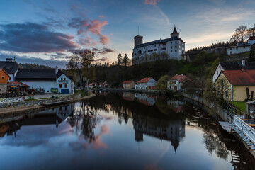 Fototapeta na wymiar Rozmberk castle and city sunset, Czech republic