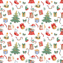Fototapeta premium Seamless pattern for the new year. Christmas tree gifts, bag with gifts, New Year's sock, garland, snowflakes. Great for holiday decor, wrapping paper, prints