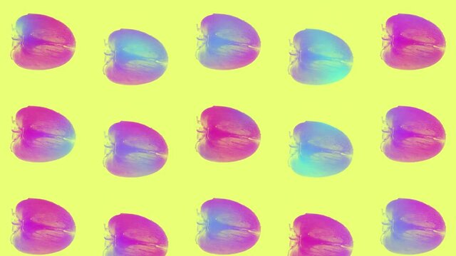 Persimmons pattern in vibrant gradient holographic neon colors. Concept art. Minimal surrealism background. Seamless pattern with persimmon. Realistic animation. 4K video motion