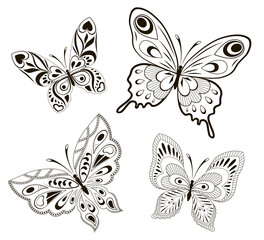 Fototapeta na wymiar Vector background with the image set of black and white butterflies in the form of a tribal tattoo