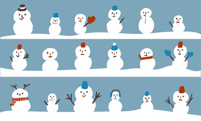 並ぶ雪だるまのイラスト  Illustration of season's greeting, winter holiday.