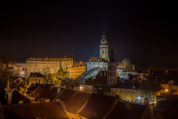 View of Cesky Krumlov at night, Czech Republic. UNESCO World Heritage Site.