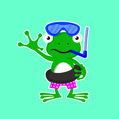 cute illustration of a green frog with goggles and snorkel gear welcoming the summer season