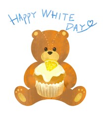 カップケーキを持ったくまのぬいぐるみ　ホワイトデー