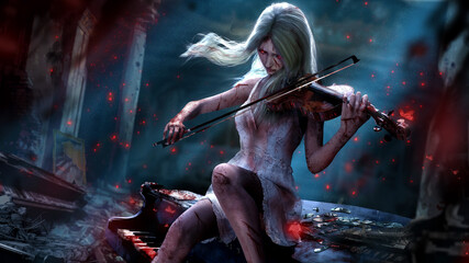 A touching vampire girl in a white dress plays the violin in the ruins of the theater sitting on old piano, she is wounded and her hands are elbow-deep in blood and tears in her red eyes. 3d rendering © warmtail