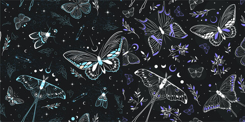 Set of seamless patterns with moths. Vector graphics. Contemporary composition. Trendy texture for print, textile, packaging. - obrazy, fototapety, plakaty
