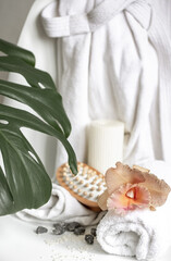 Spa composition with bath accessories and Thai orchid flowers.