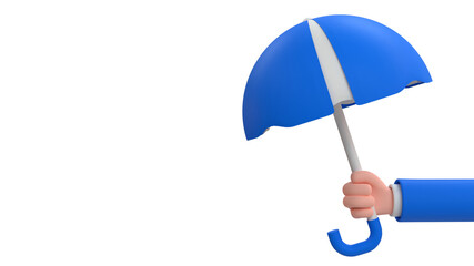 Cartoon human hand with umbrella. Insurance concept.3d render illustration on white background.