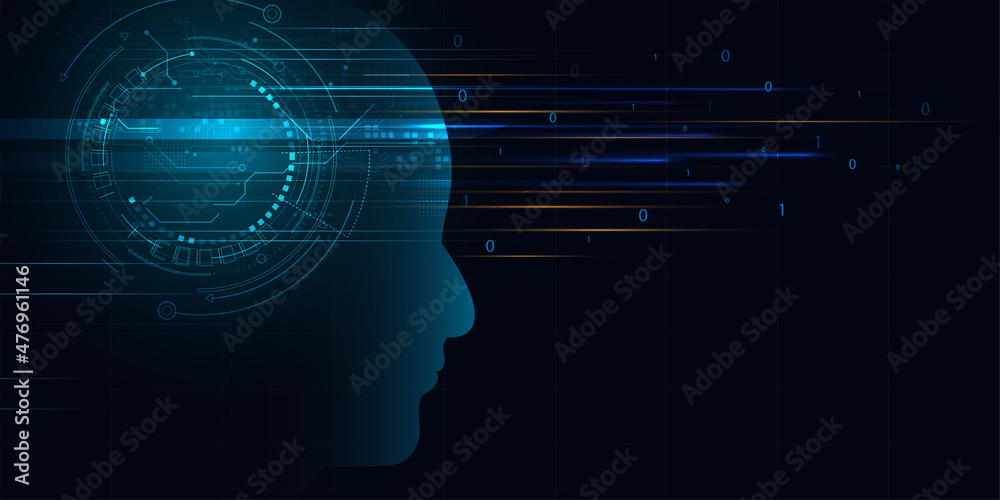 Poster technology artificial intelligence (ai) brain animation digital data concept. big data flow analysis