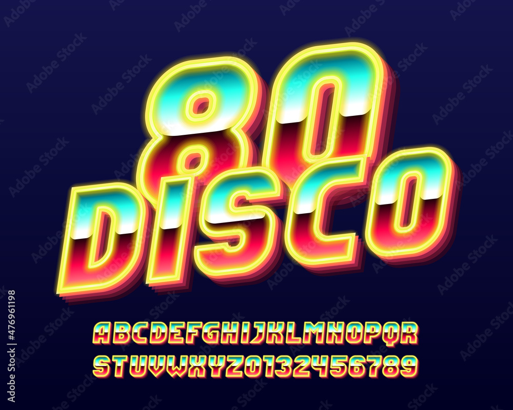 Fototapete disco 80 alphabet font. glow letters and numbers. stock vector typescript for your typography in ret