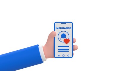 Mobile health insurance. Cartoon human hand holding smartphone with health profile and insurance text. 3d render illustration on white background.