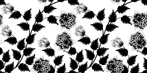 Flowers and leaves seamless background in black and white. Stock vector illustration