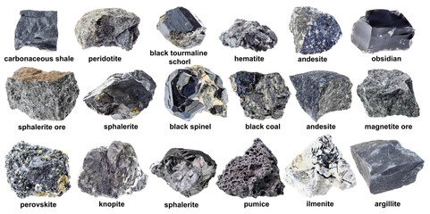 various unpolished black rocks with names cutout