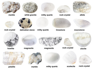 set of various tumbled white stones with names