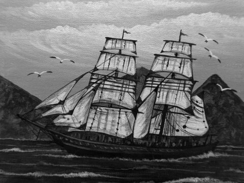 art oil painting sailboat , barque in sea from thailand ,  black and white