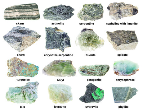 set of various rough green minerals with names
