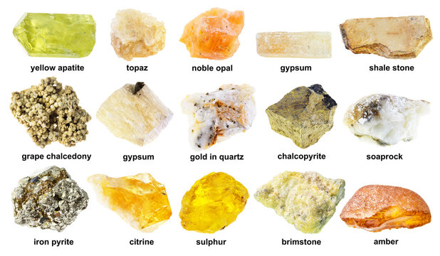 set of various rough yellow rocks with name cutout