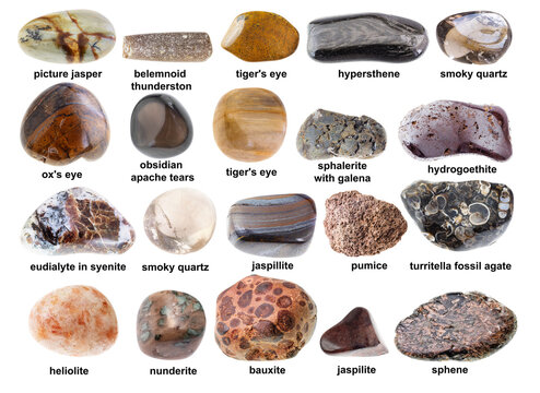 set of various polished brown stones with names