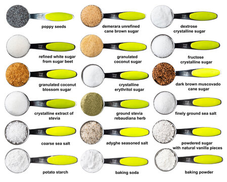 set of tablespoon with various cooking ingredients
