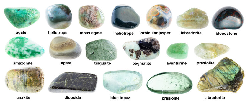set of various rolled green rocks with names
