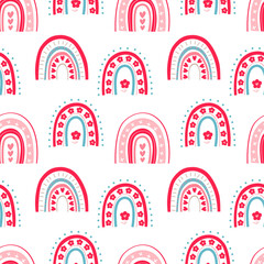 Pink rainbow with flowers and heart. Seamless vector pattern 