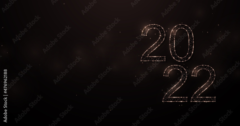 Poster Happy New Year 2022. Abstract light sparking with number 2022 shape on bokeh background