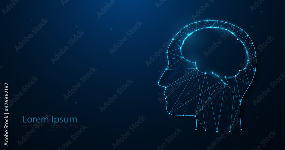Aufkleber human brain form line, triangles, and particle style design. geometric wireframe