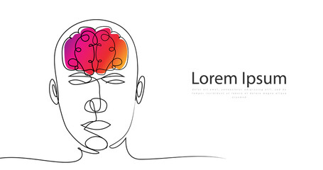Continuous line drawing. Human head with brain. Vector illustration