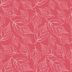 Falling leaves outline seamless pattern. Pastel pink and white foliage boundless background. Herbal endless texture. Leaves repeating surface design. Cute botanic backdrop.