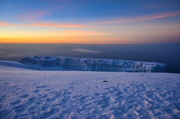 Fototapeta na wymiar glacier on mount kilimanjaro. Uhuru peak. Top of Africa. Trekking to the highest mountain. Fantastic view. tanzania, Rebmann Gletscher
