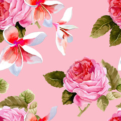 Pink roses and plumeria flowers watercolor on light pink background seamless pattern for all prints.