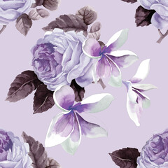 LIght purple roses and plumeria flowers on light purple background seamless pattern for all prints.