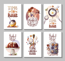Set of cards or banners for baking, bakery shop, cooking, sweet products, dessert, pastry. A4 Vector illustration for poster, banner, card, postcard, cover, menu, advertising.