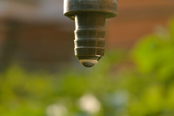closeup of faucet with water droplet and green in background which describe good agriculture.