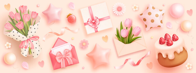 Birthday party realistic elements set. Birthday cake, helium balloons, bouquet of tulips, gift box, envelope and flowers isolated on background. Vector illustration