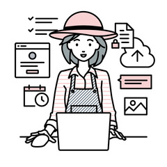 デスクで座ってPCでプロジェクトやタスクの管理の仕事をしている農家の女性