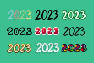 Big set multicolor numbers 2023 on green background. Modern different colors and styles, for calendars and planners design