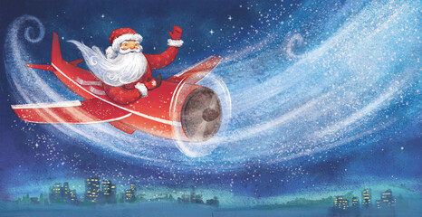 Christmas new year card. Santa Claus or Ded Moros fly on a plane in dark night sky above the city through the blizzard.